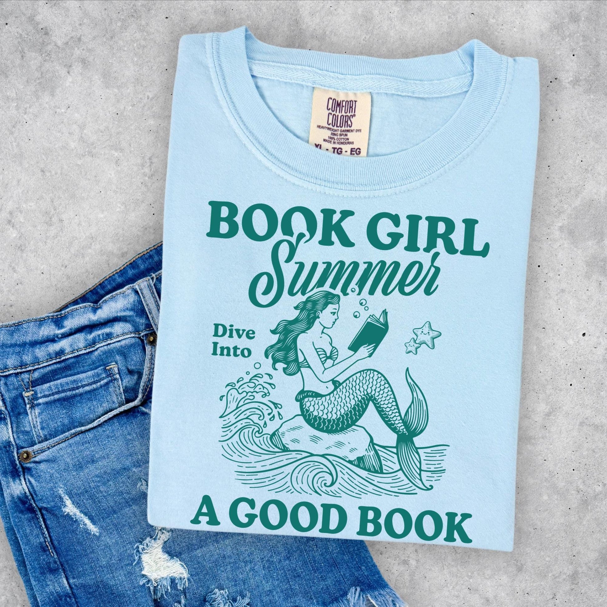 Book Girl Summer T-shirt, Summer, Comfort Colors Chambray, Mermaid