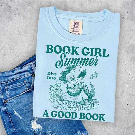 Book Girl Summer T-shirt, Summer, Comfort Colors Chambray, Mermaid