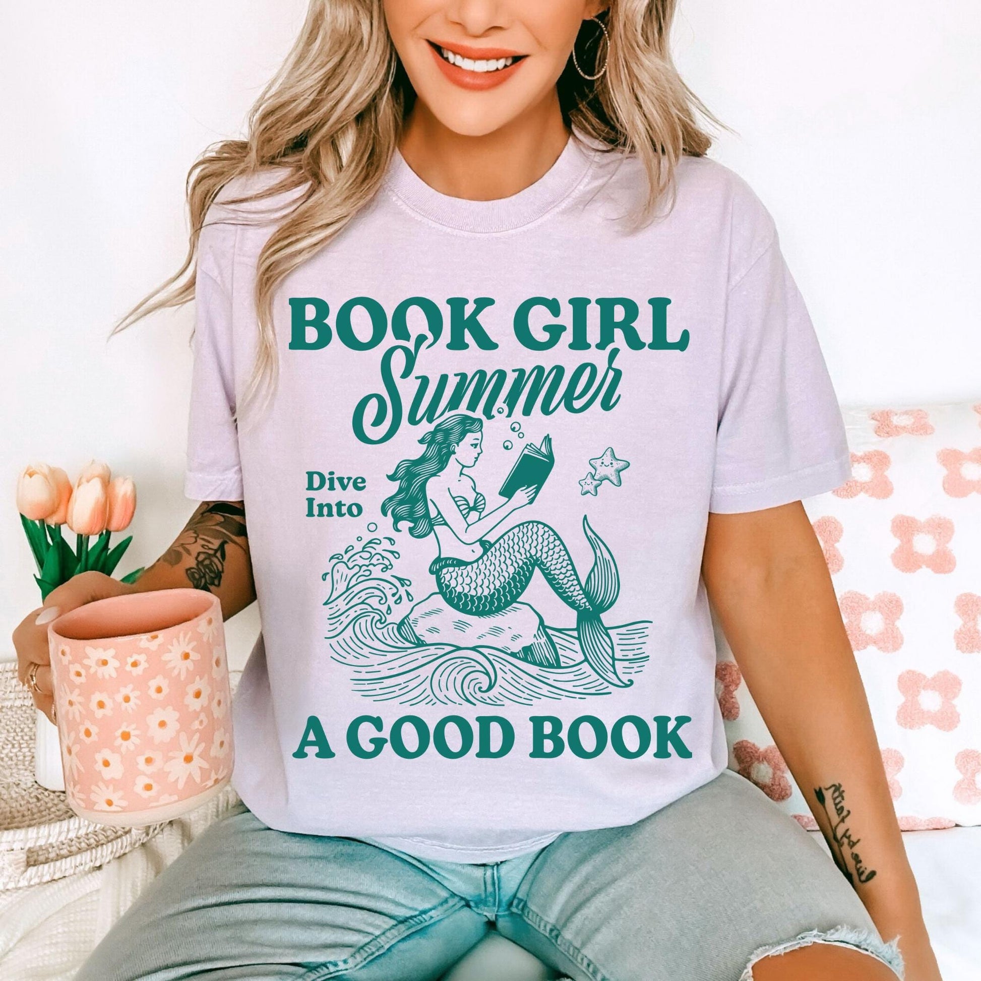 Book Girl Summer T-shirt, Summer, Comfort Colors Lilac, Mermaid
