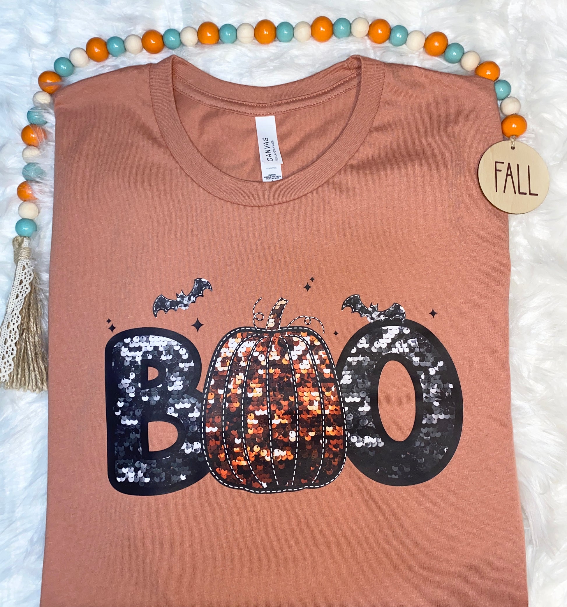 Bella Canvas, Women's, Fall Shirt, Halloween Shirt, Faux Sequin, Shine, Glitter, BOO