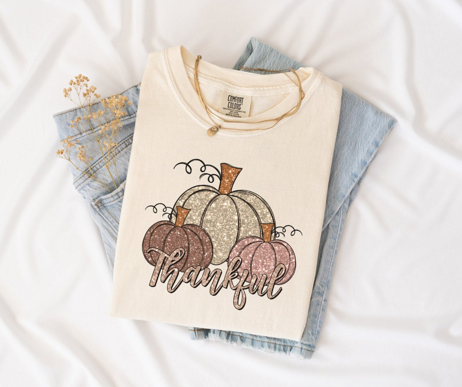 Faux Glitter Thankful Pumpkin design on Ivory shirt.